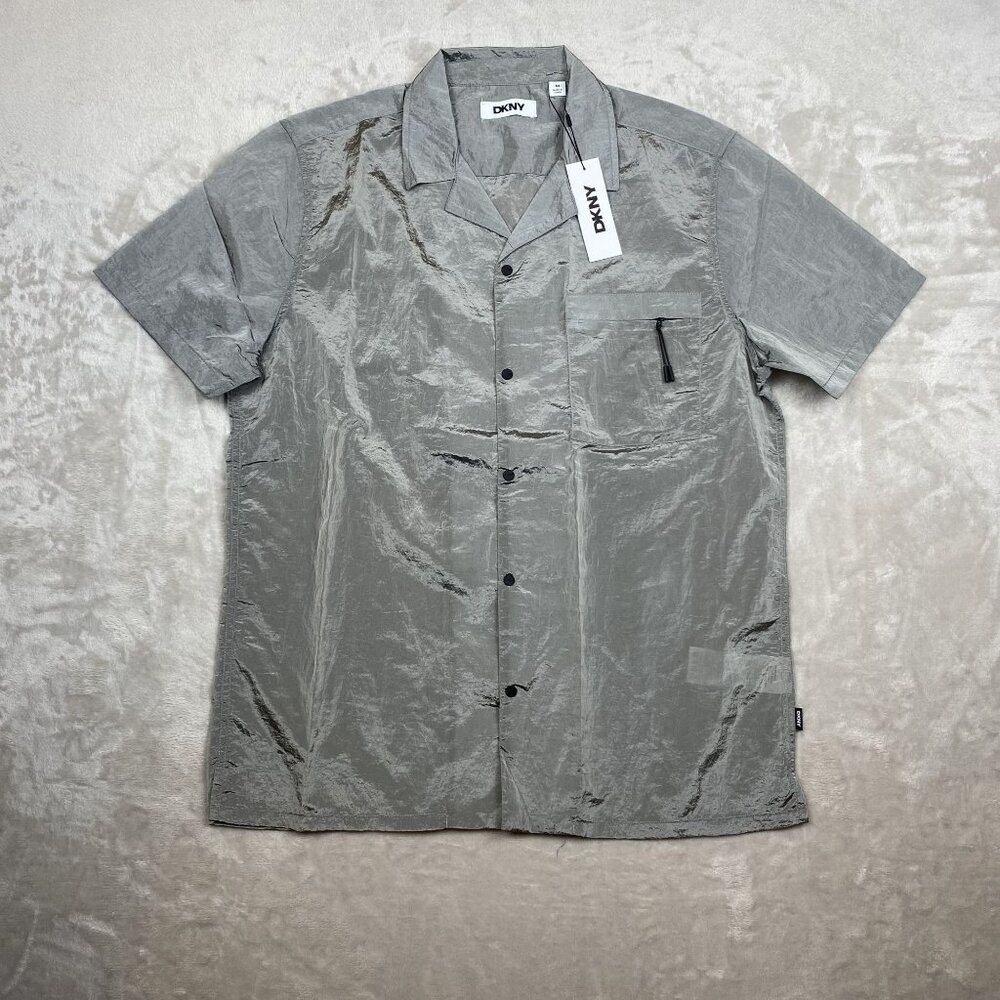 DKNY Mens Metallic Grey Short-Sleeve Button-Up Shirt Nylon Size M
